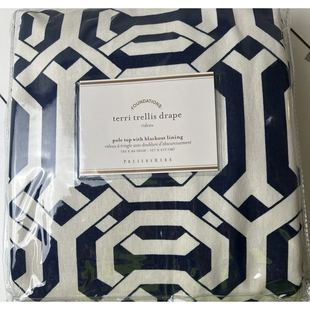 Pottery Barn Terri Trellis Room Darkening Drape Pole Top Navy/OffWhite 50